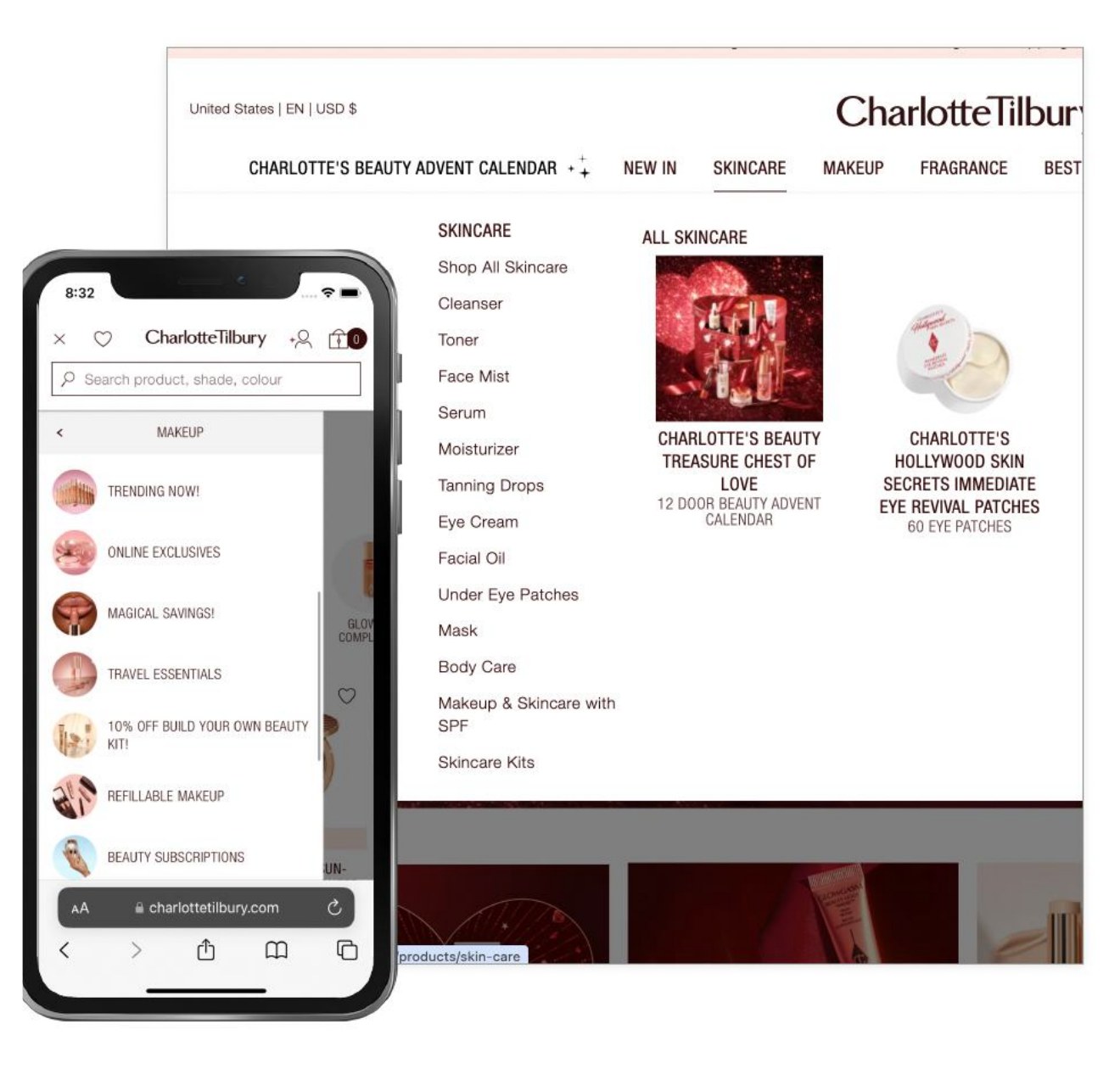 Charlotte Tilbury desktop skincare mega-menu next to the mobile makeup navigation showing long overlapping category lists