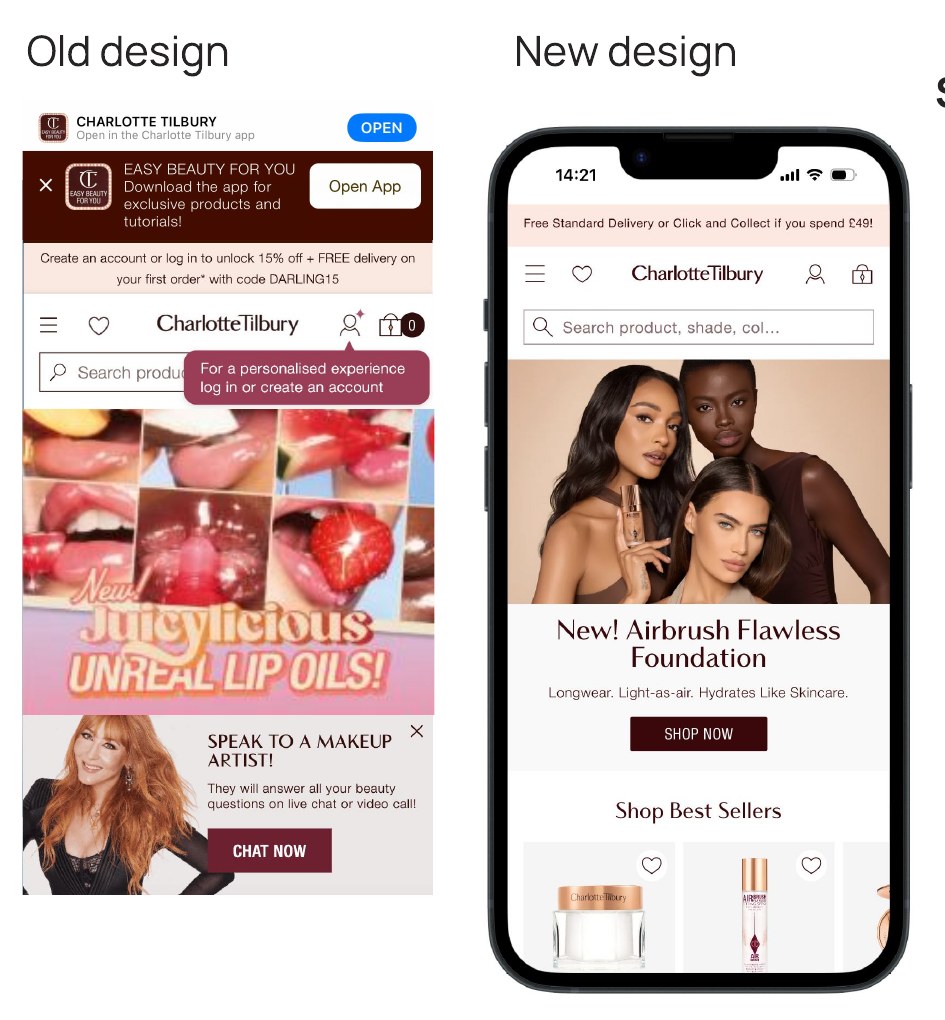 Old design and new design homepage comparison: the old mobile homepage stacked with app banners, account prompts and a chat pop-up, next to the new homepage with a single delivery banner, one hero message and a clear shop best sellers section