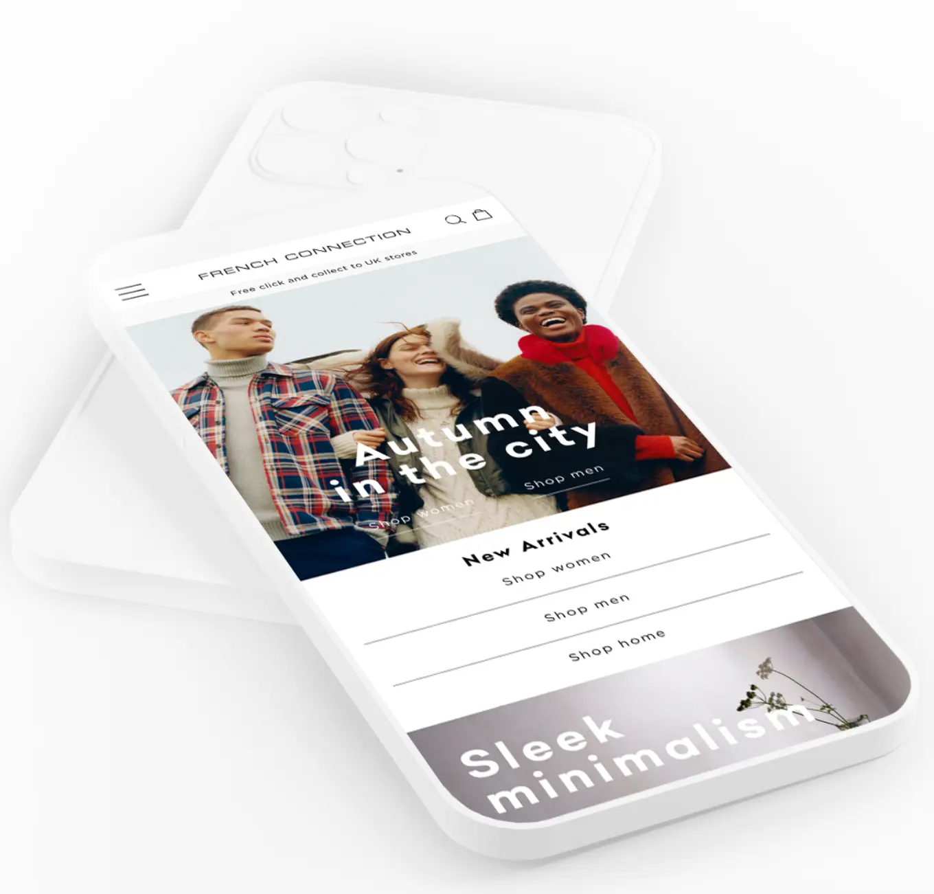 French Connection mobile homepage shown on a phone mockup