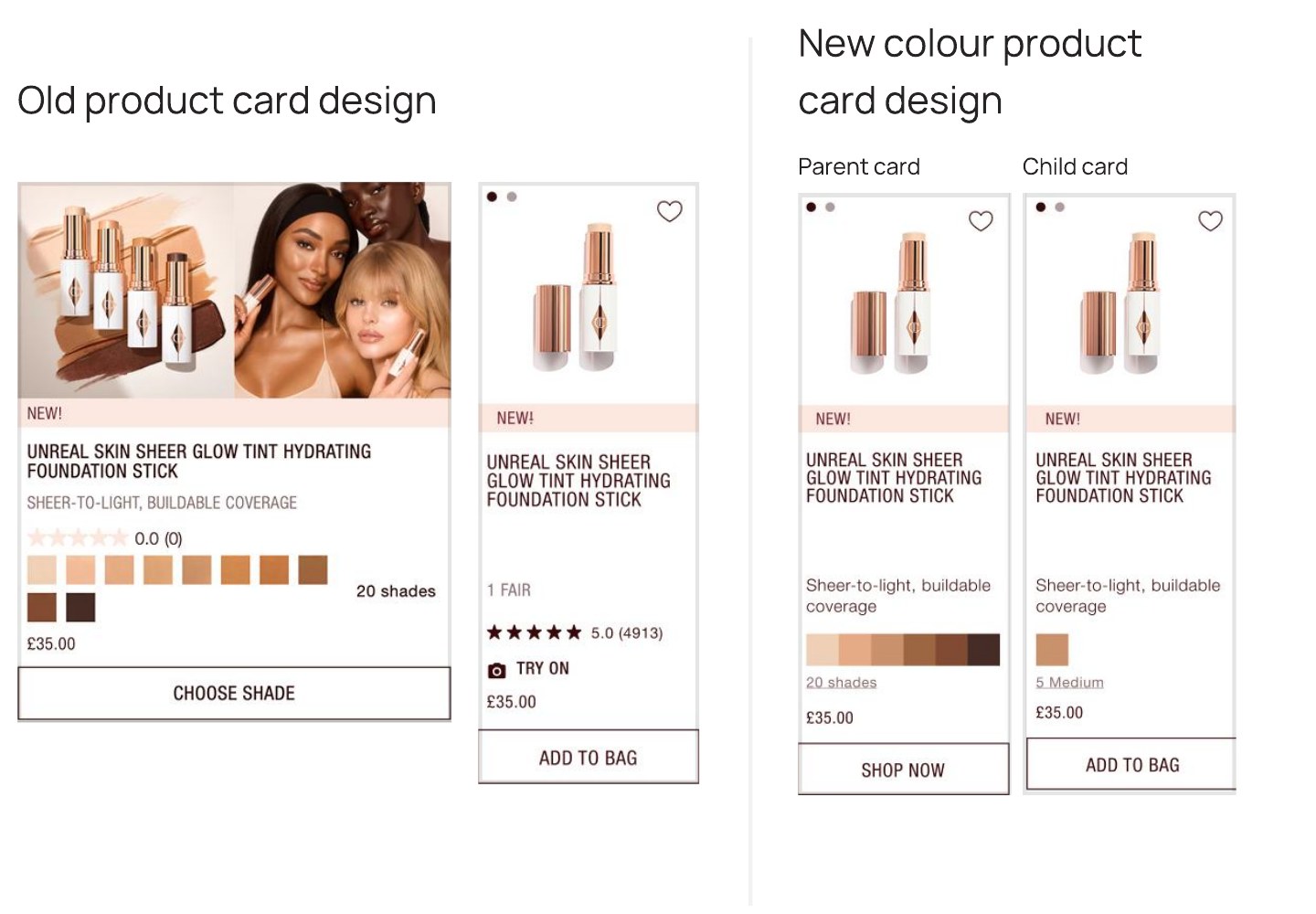 Old product card design next to the new colour product card design, showing the parent card with all twenty shades and the child card for a single shade