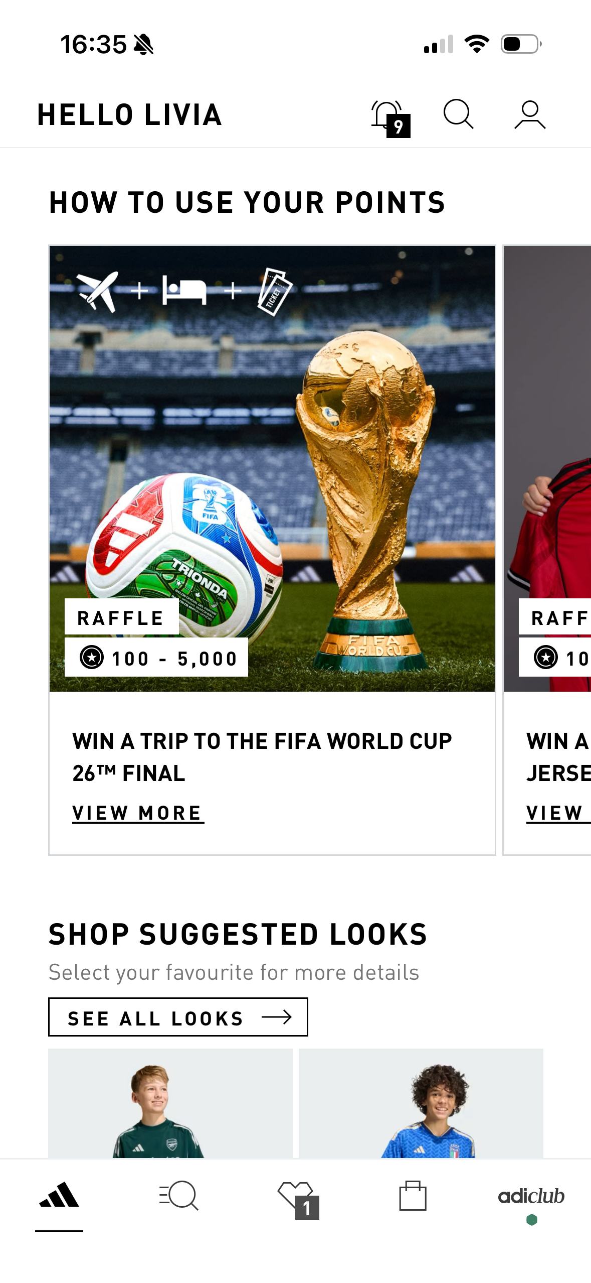 Adidas mobile benchmark showing campaign-led rewards and product discovery