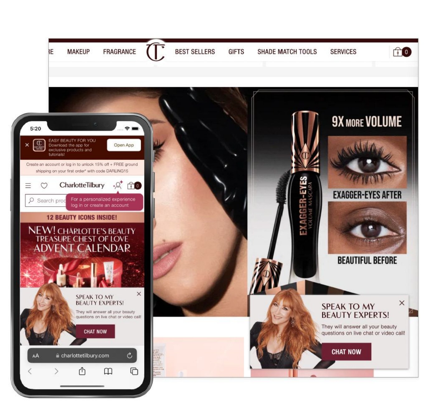 Charlotte Tilbury homepage on desktop and mobile covered by app download banners, account prompts, promotional pop-ups and a live chat sticky element