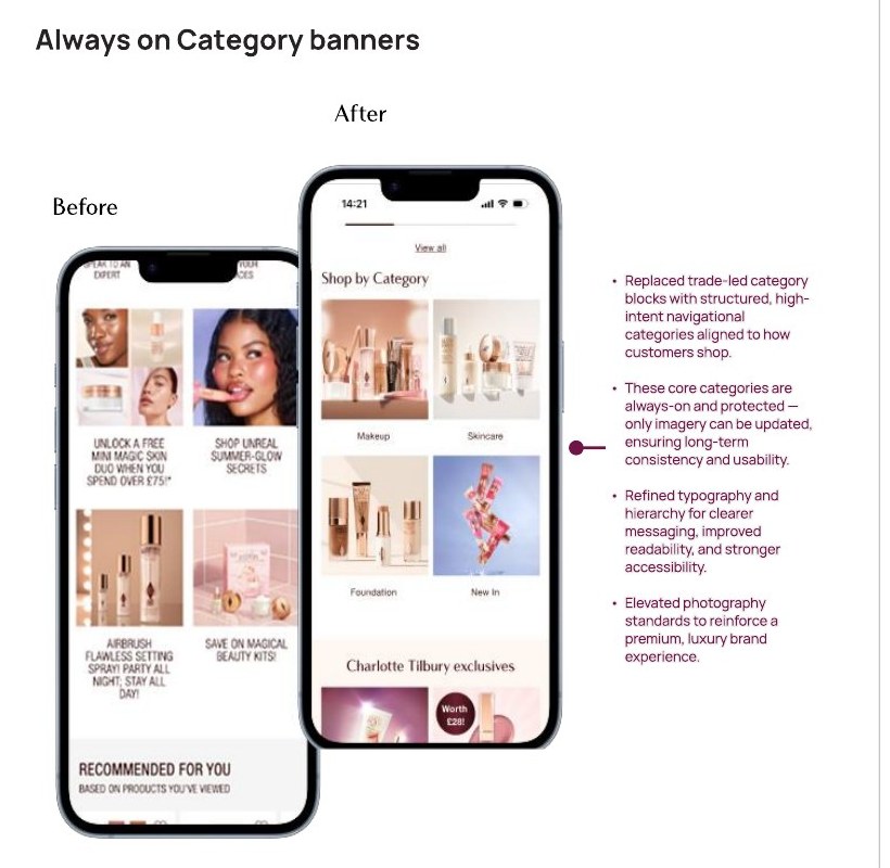 Before and after of the homepage category banners, replacing trade-led blocks with structured, always-on navigational categories