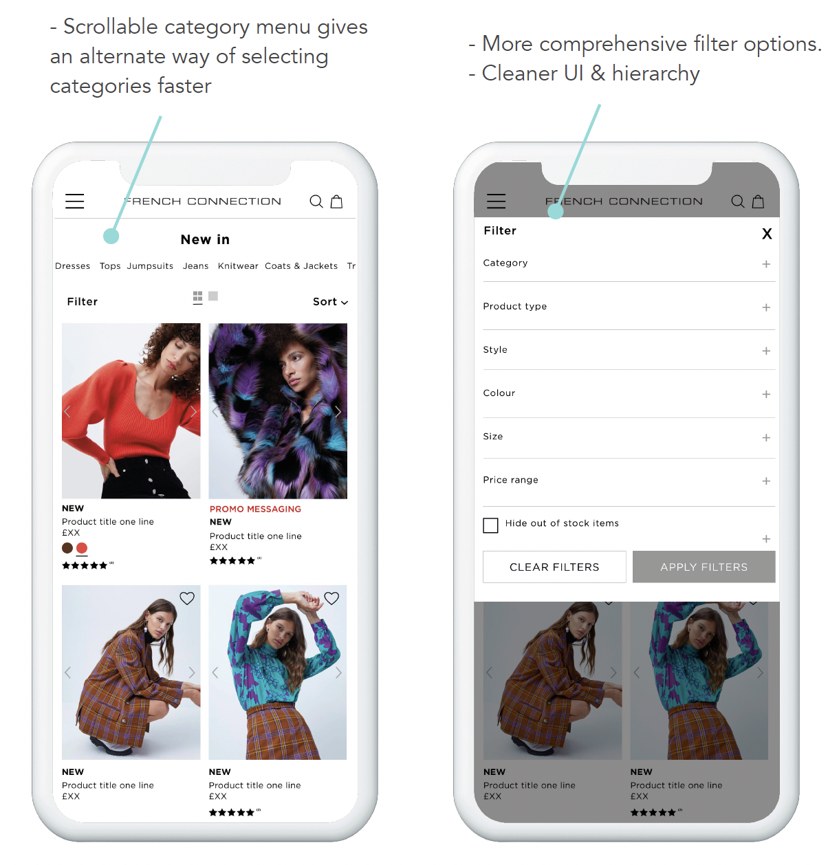 Annotated PLP designs showing scrollable categories and a clearer filter overlay
