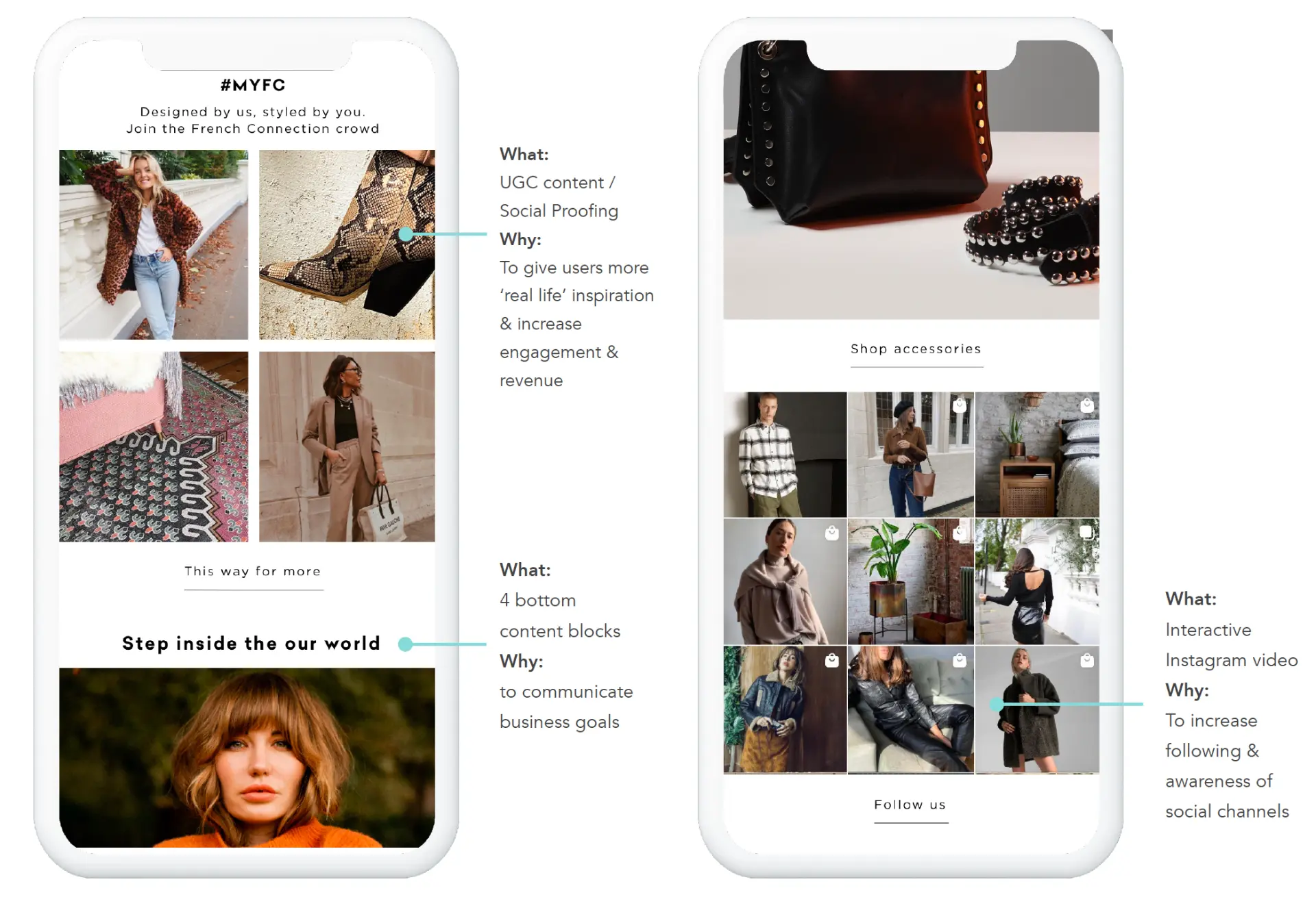 Annotated homepage designs showing UGC, editorial content and interactive social elements