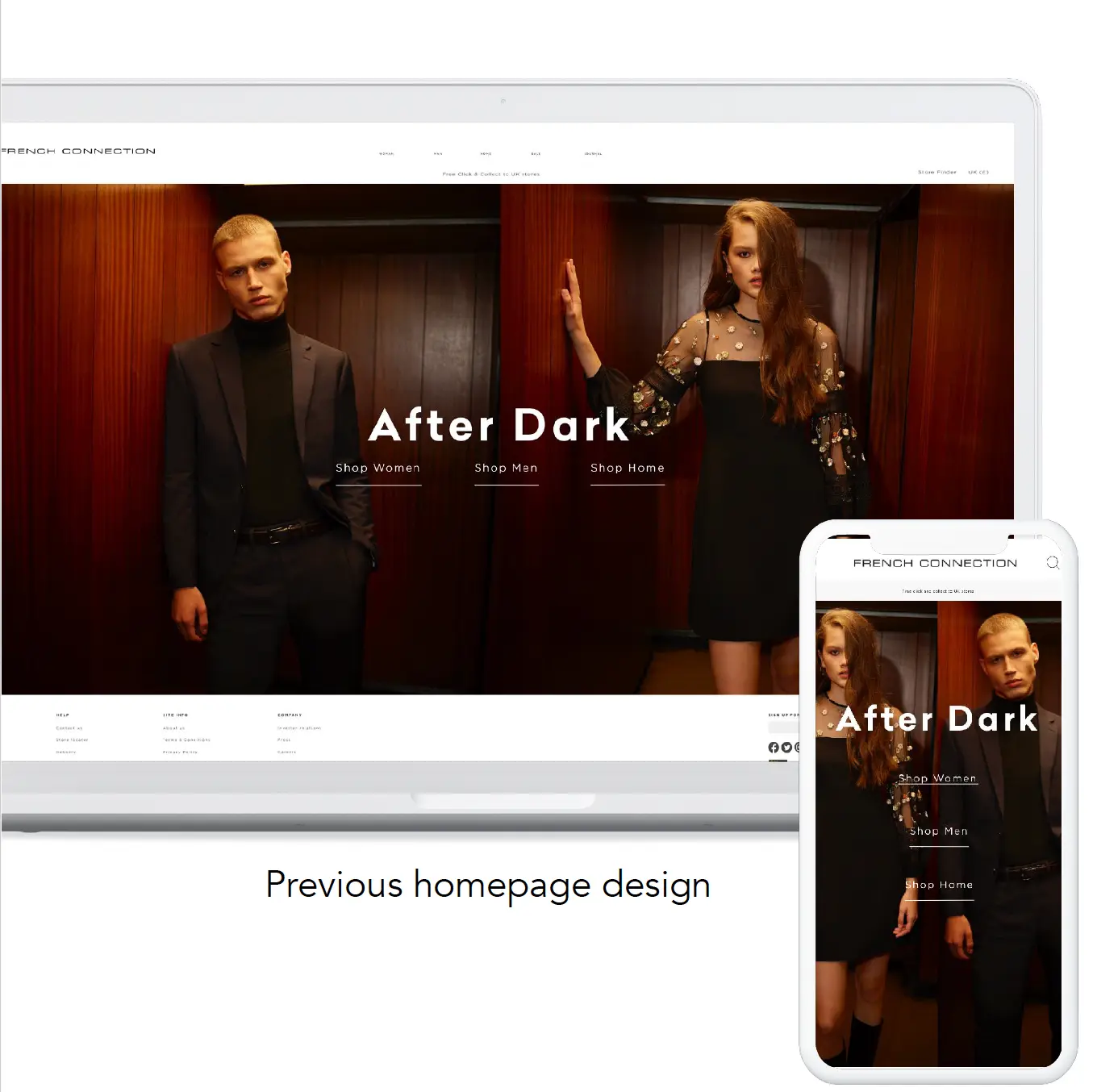 The previous French Connection homepage on desktop and mobile