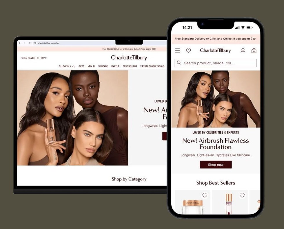 Redesigned CharlotteTilbury.com homepage shown on desktop and mobile, with a simplified hero banner and shop by category section