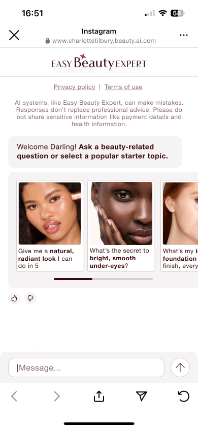 Easy Beauty Expert conversational pilot entry screen on mobile