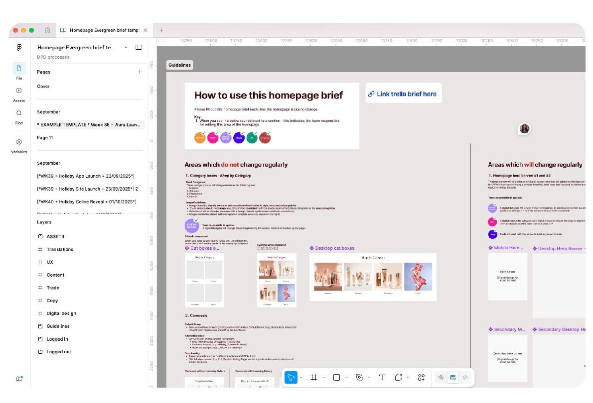 Figma homepage brief template setting out which homepage areas change regularly, which do not, and who owns each module