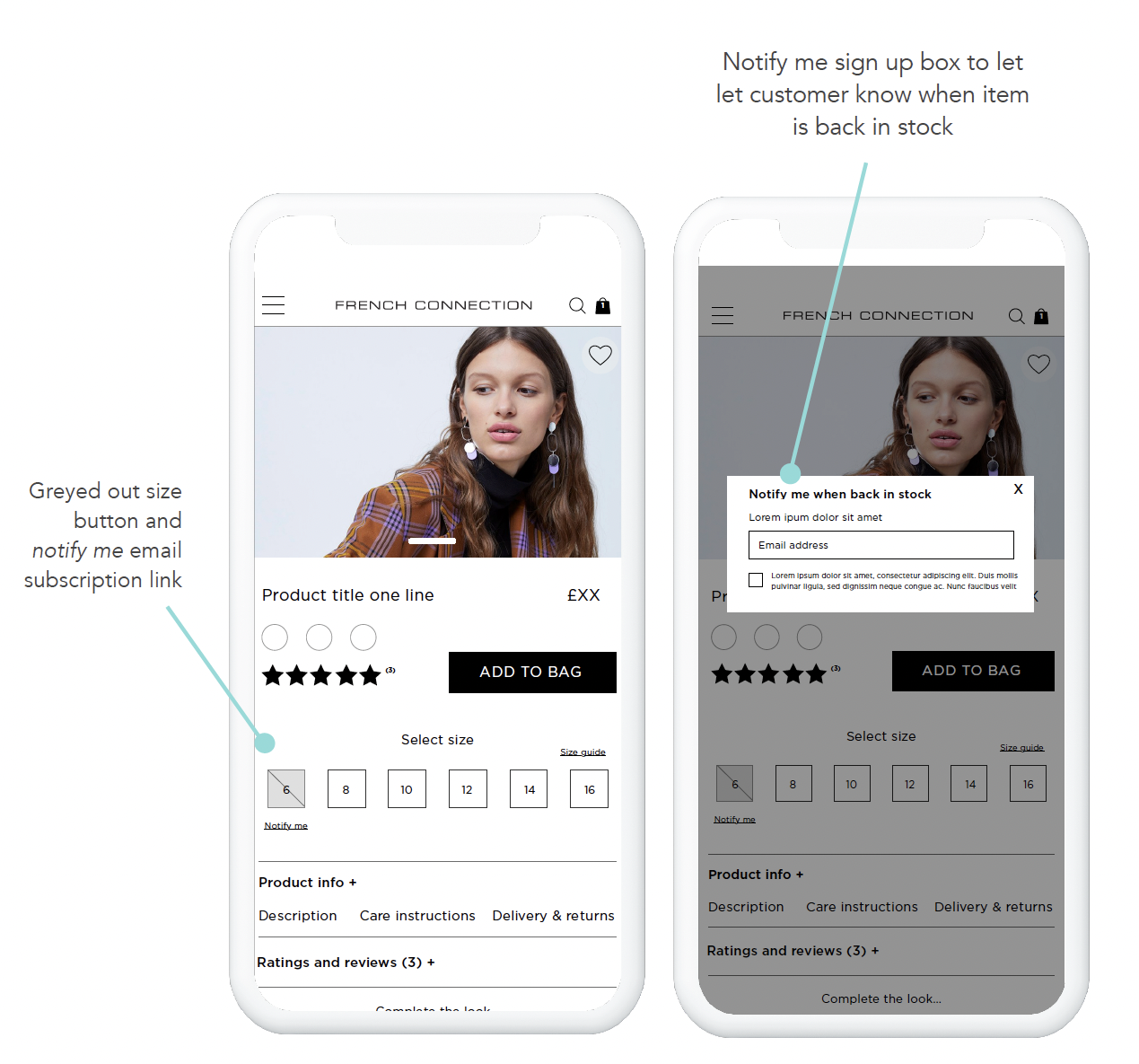 Annotated PDP designs showing greyed out sizes and a back-in-stock notify me sign up