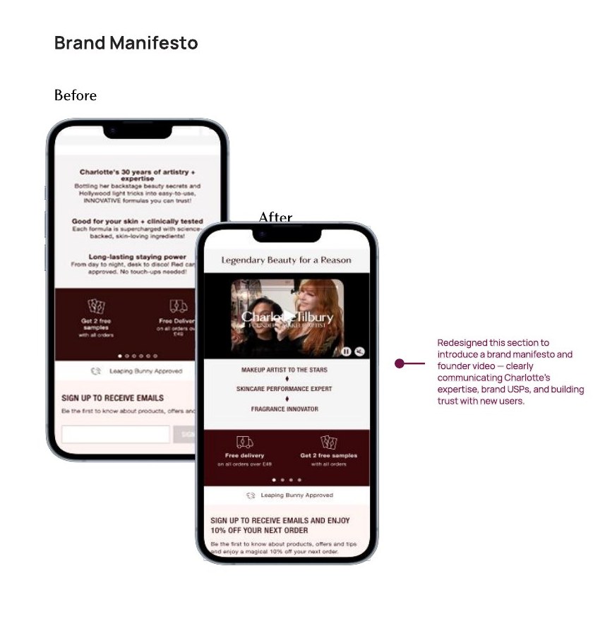 Before and after of the brand manifesto and video module at the foot of the homepage