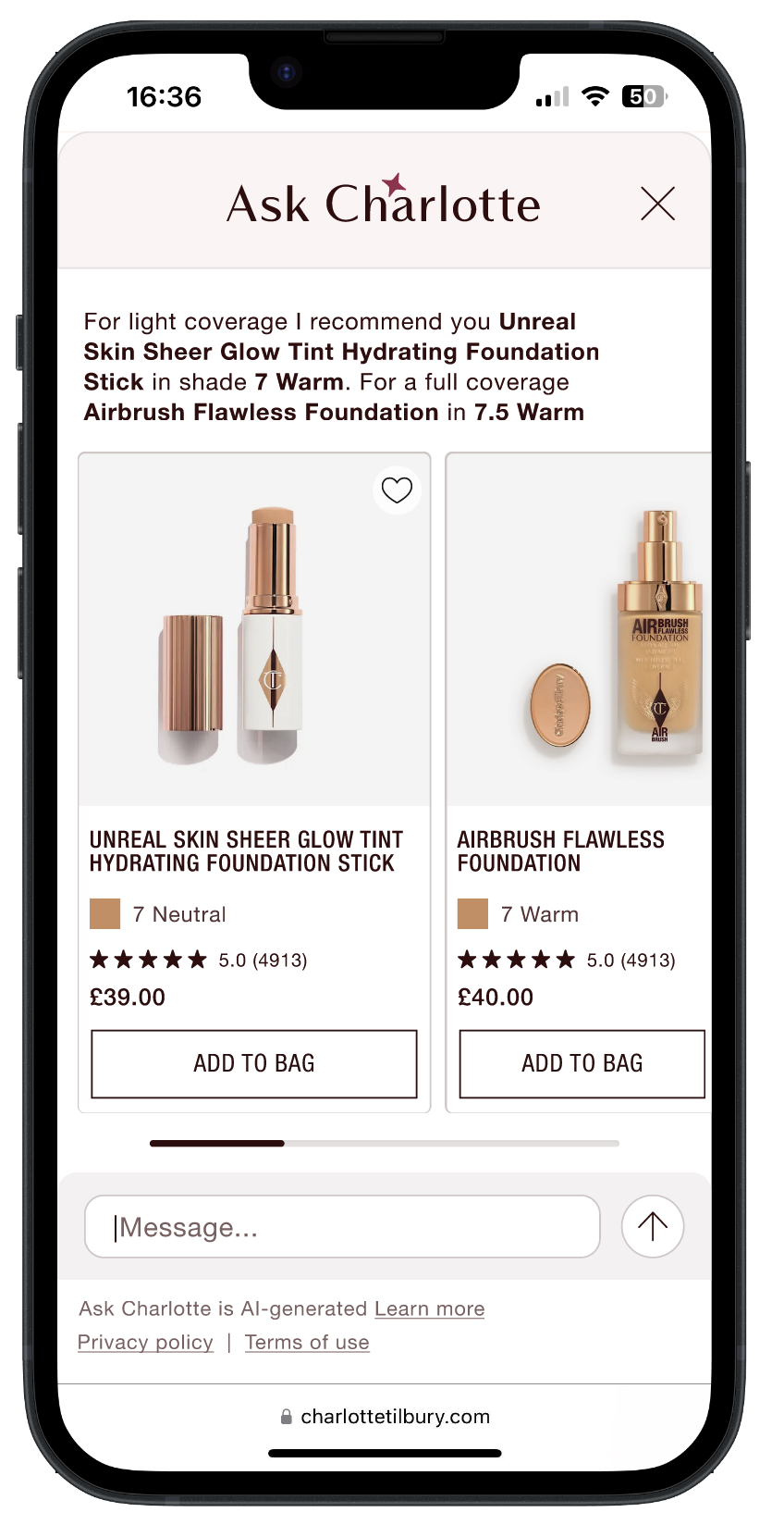 Ask Charlotte product recommendation cards on mobile