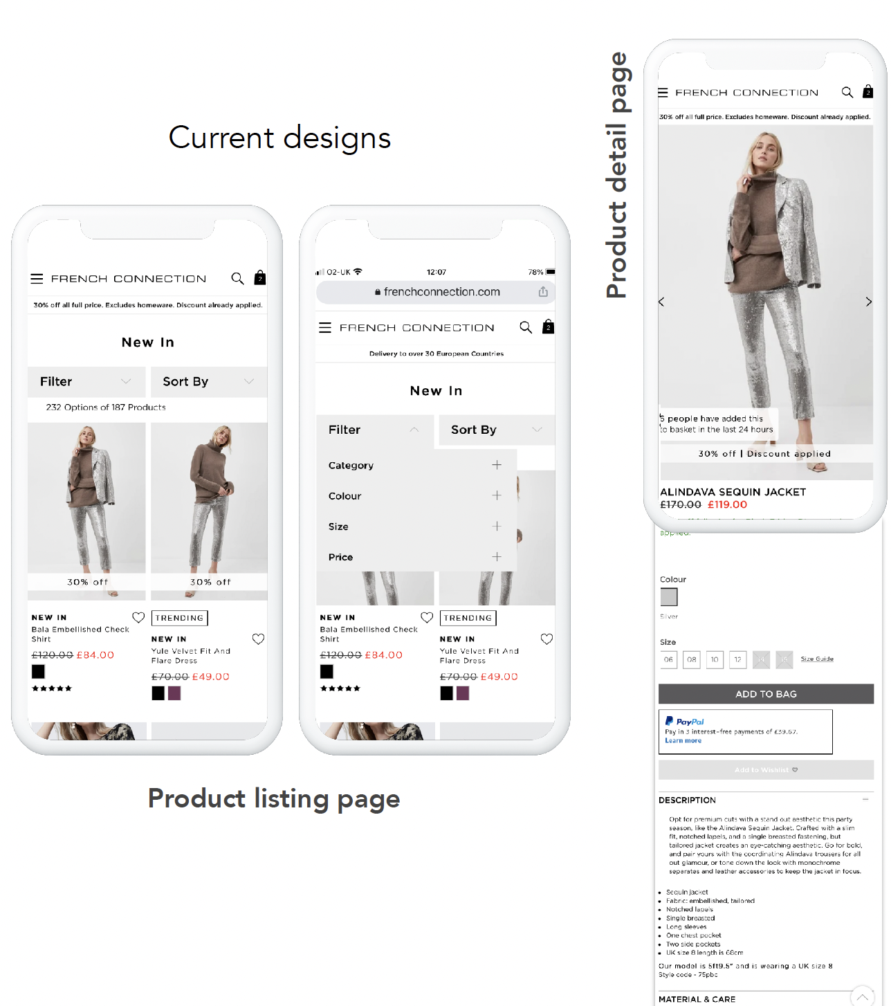 The previous French Connection product listing page and product detail page designs