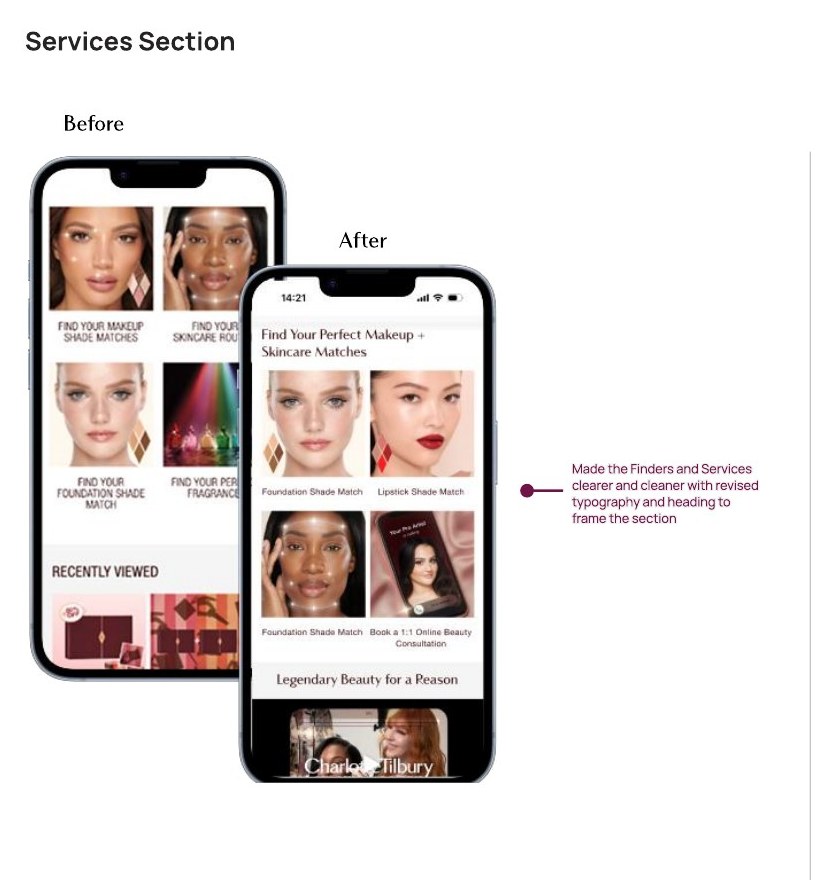 Before and after of the shade finder and services section on the homepage, surfacing tools that were previously buried