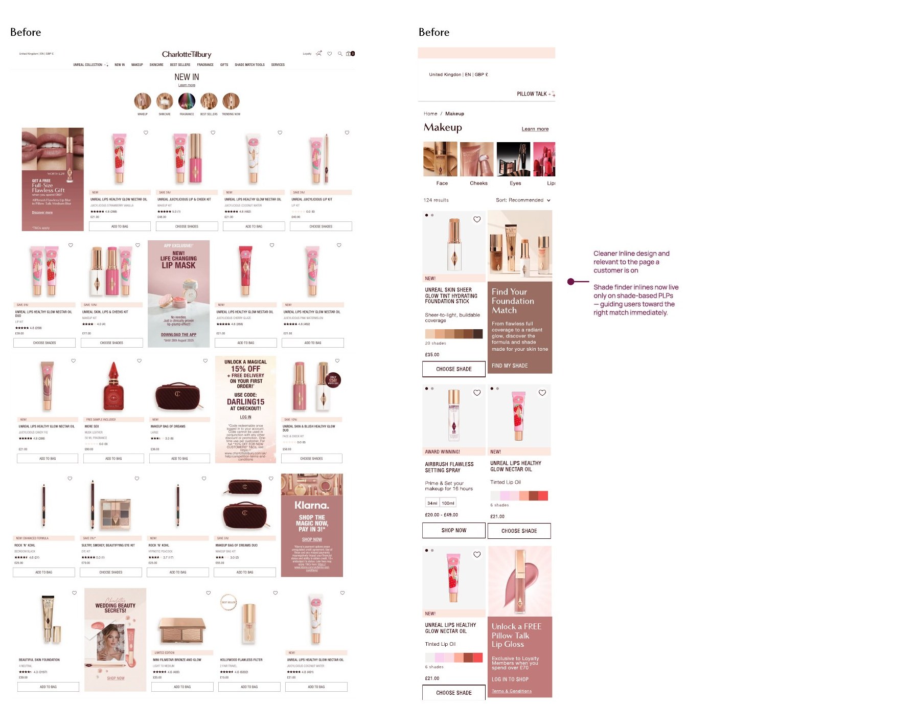 Before and after of inline merchandising banners on desktop and mobile product listing pages, replacing cluttered promotional tiles with cleaner, relevant shade finder inlines