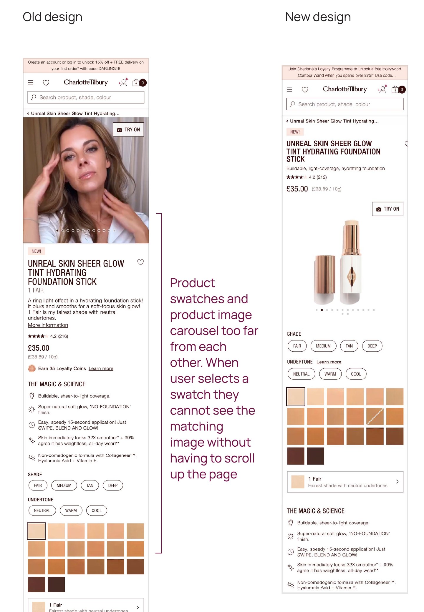 Old design and new design product detail page comparison with an annotation explaining that product swatches and the image carousel sat too far apart, next to the new layout placing the gallery and swatches together