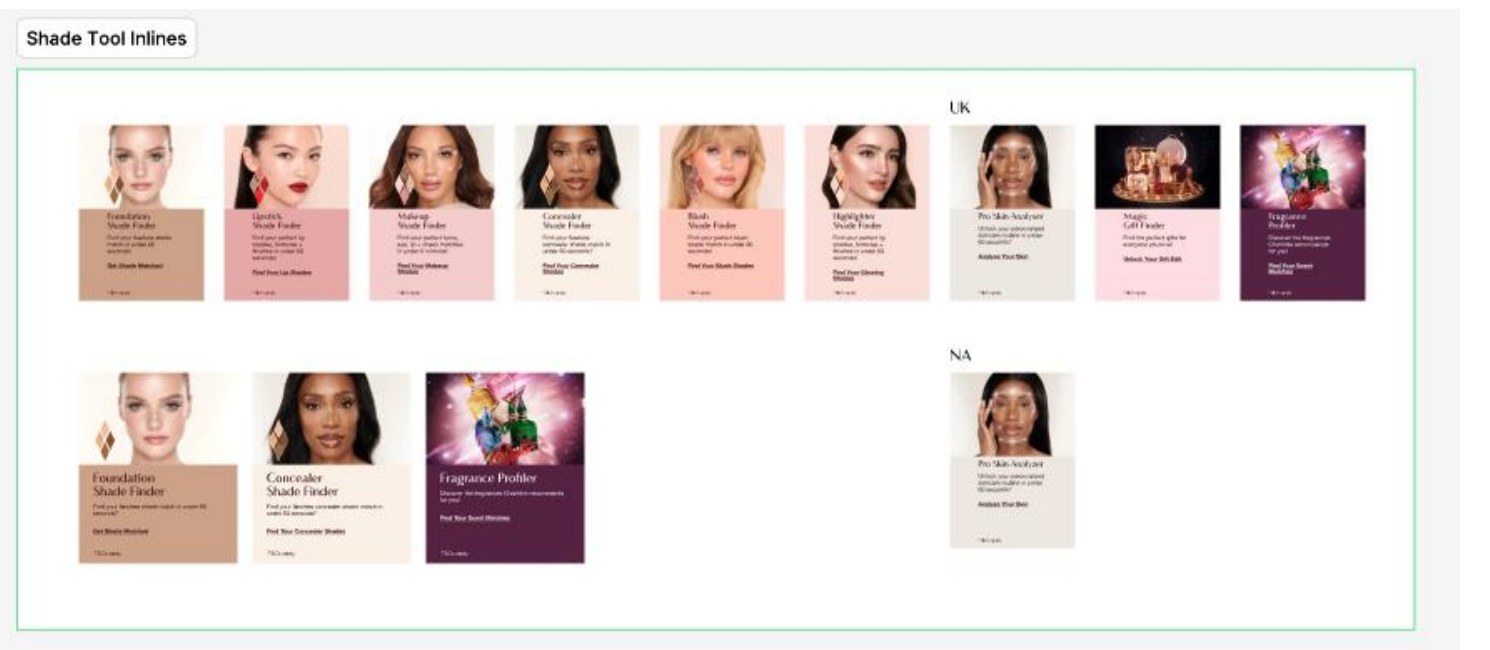 The new inline template library showing foundation, lipstick, makeup, concealer, blush and highlighter shade finders plus pro skin analyser and gift finder inlines for UK and NA