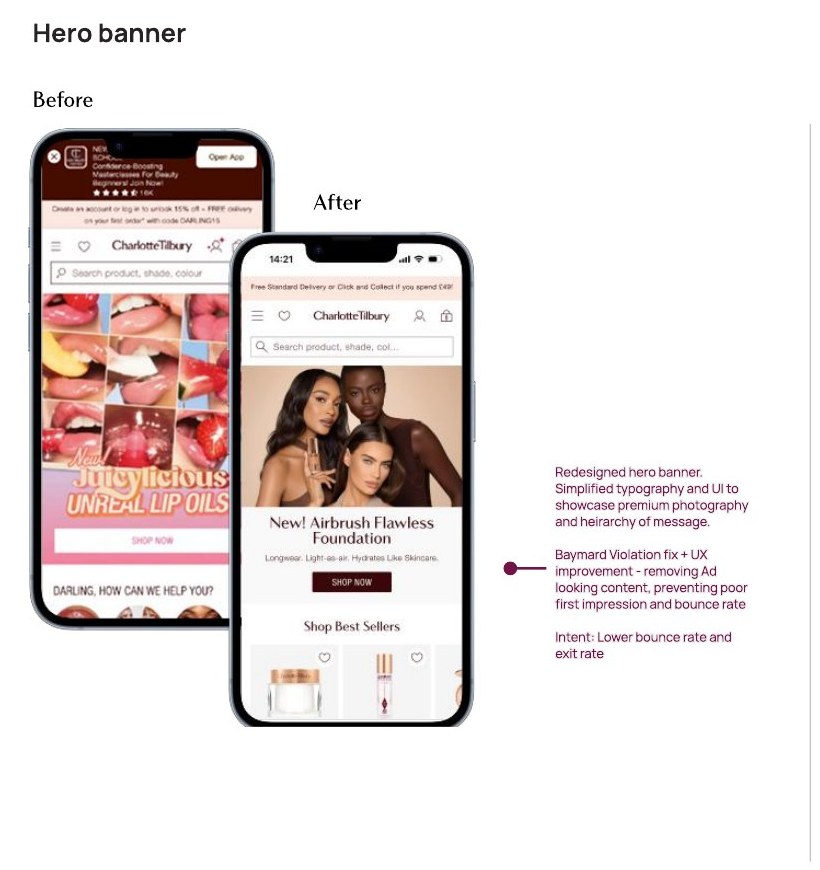 Before and after of the Charlotte Tilbury mobile hero banner, replacing busy promotional artwork with simplified typography over premium photography