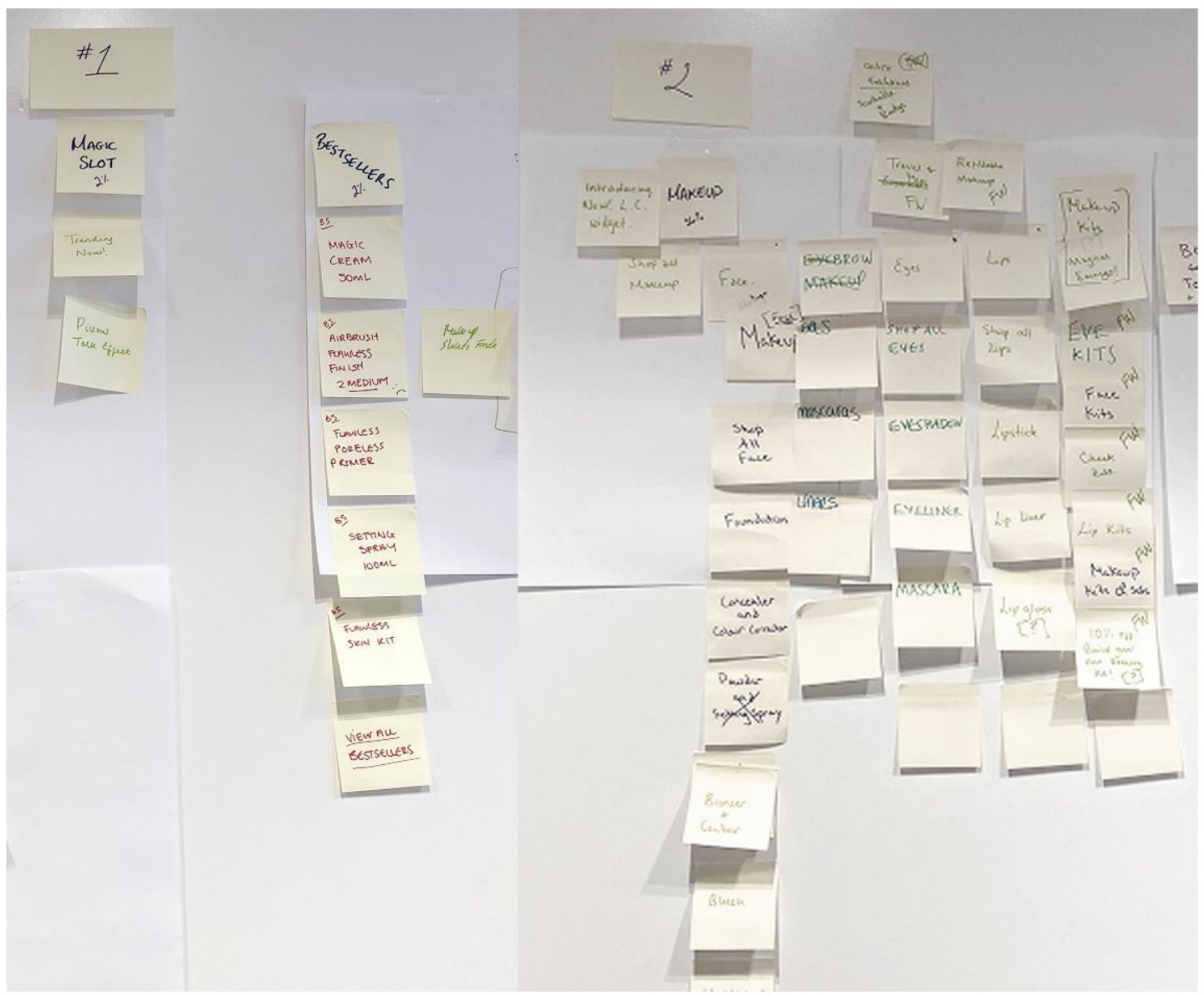 Workshop wall covered in handwritten sticky notes mapping two alternative navigation structures for the Charlotte Tilbury site