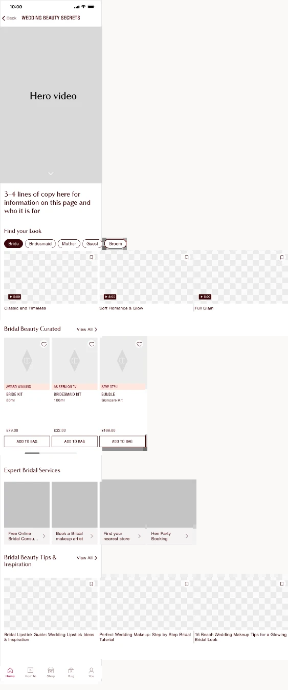 Campaign landing page wireframe combining a hero video, look finder, products, services and editorial content