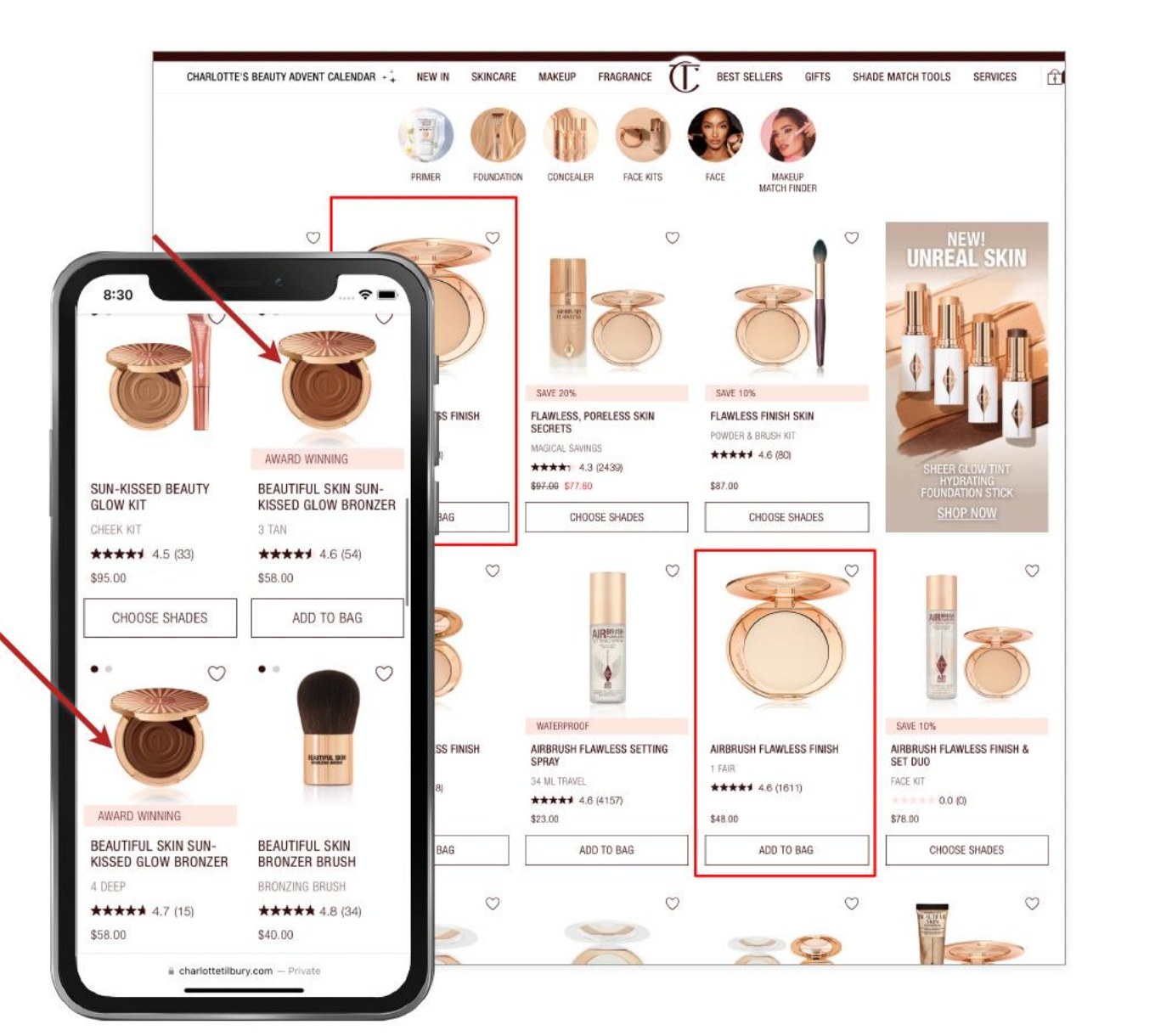 Charlotte Tilbury product listing page with red annotations highlighting duplicated product cards for the same bronzer in different shades