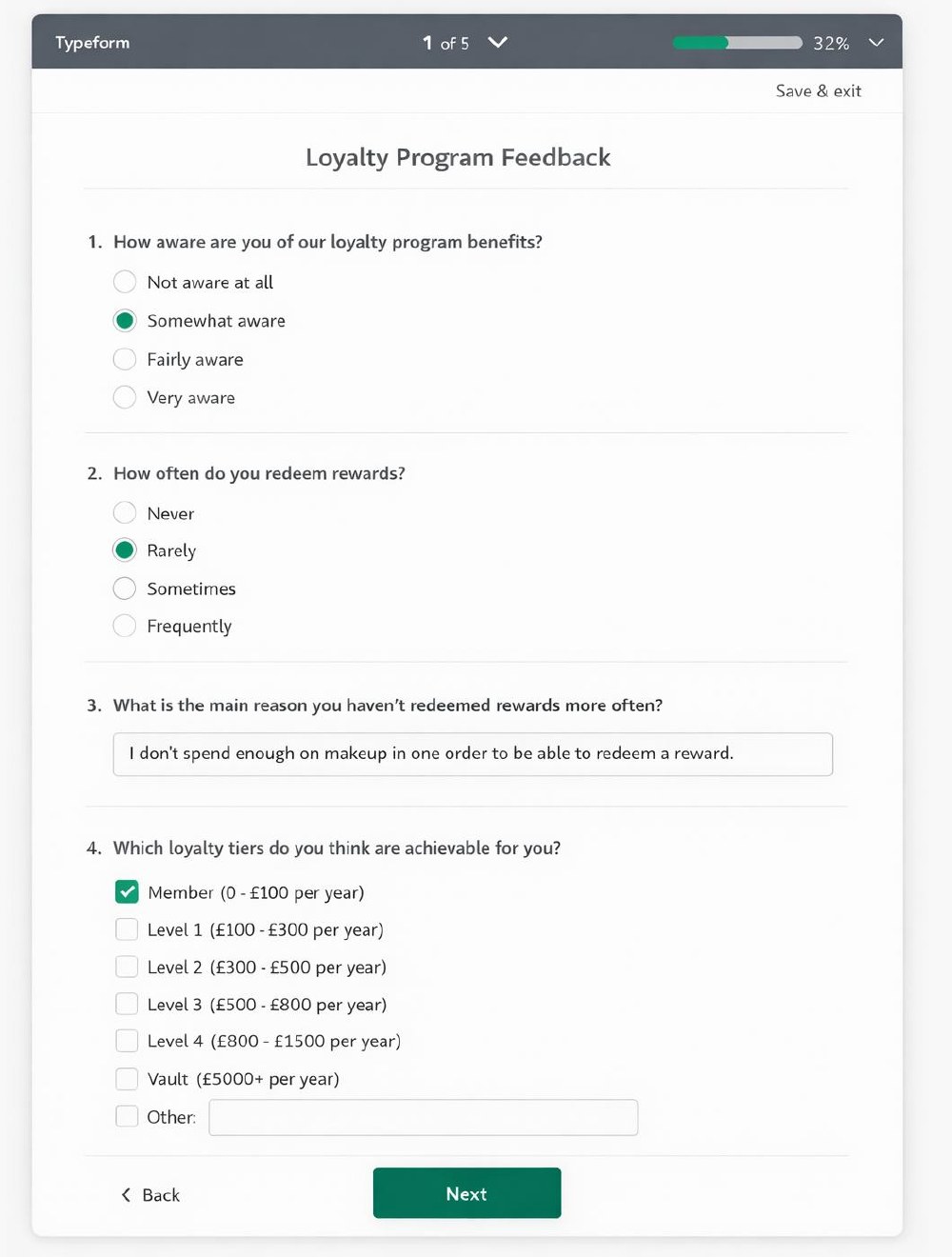 Loyalty programme feedback survey used in research