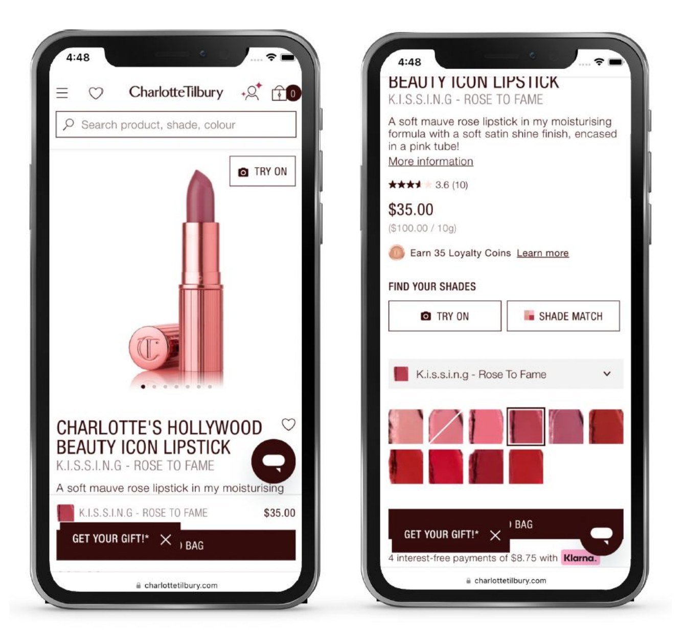 Two mobile product detail pages for a Charlotte Tilbury lipstick showing the image gallery and the shade swatches separated across the page