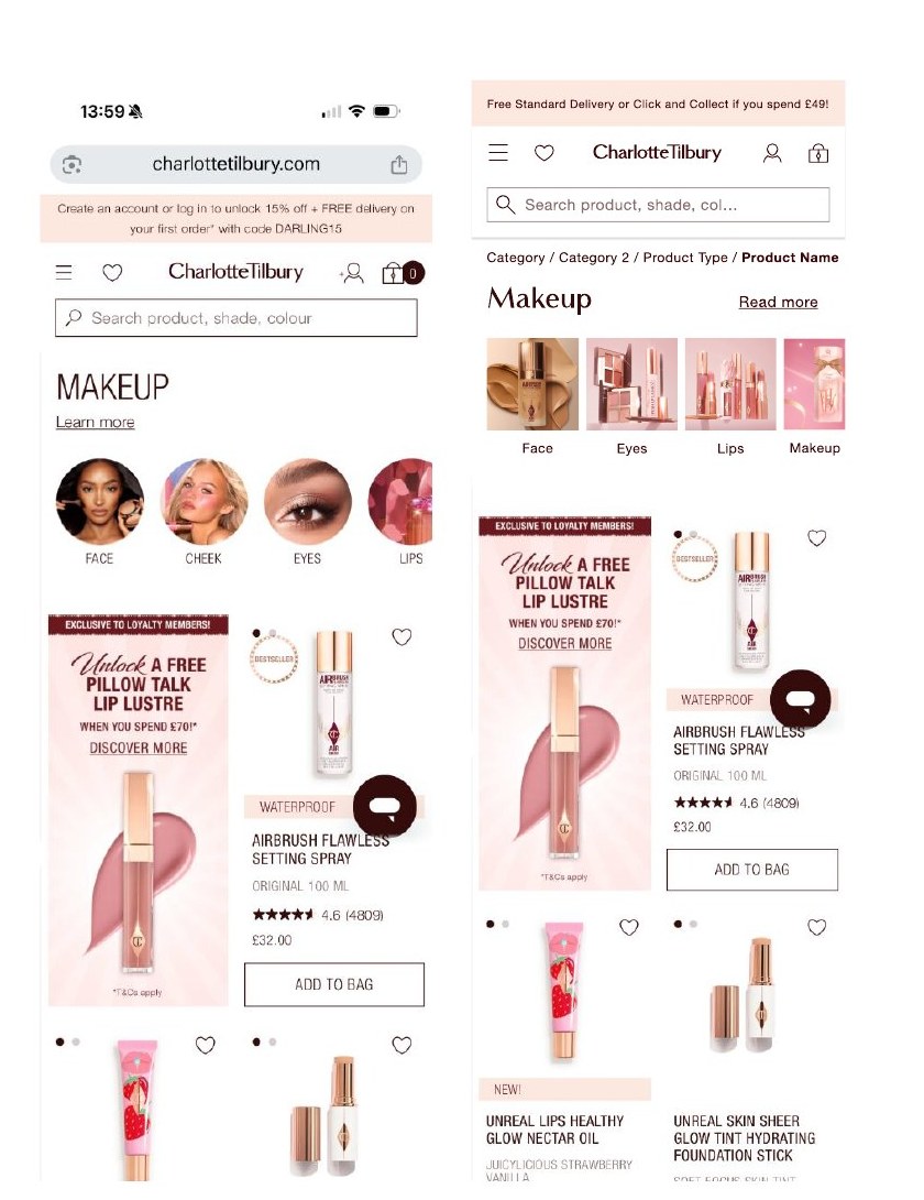 Before and after of the Charlotte Tilbury makeup product listing page on mobile, replacing circular category links with larger square category imagery