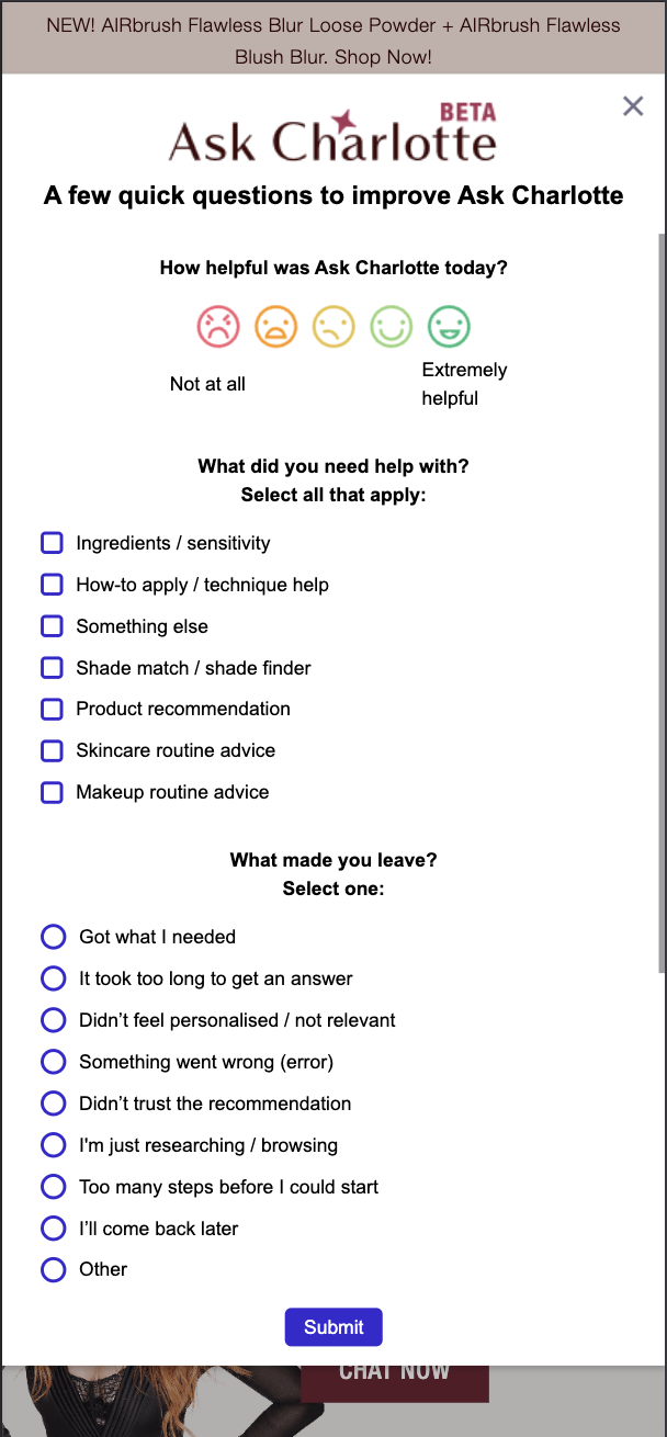 Ask Charlotte exit survey helpfulness results on mobile